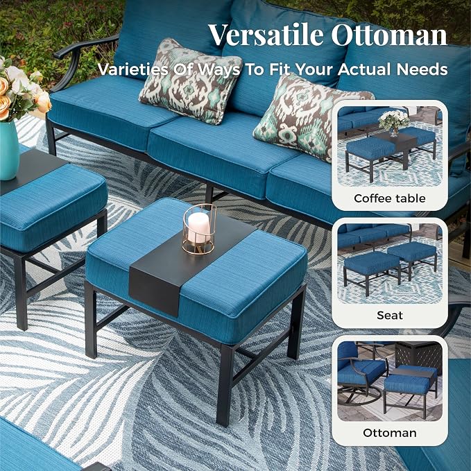 MIXPATIO Patio Furniture Set 5 pcs, Outdoor Patio Furniture, 3-Seat Sofa, 2 Single Chairs, 2 Ottomans and 5.75" Extra Thick Cushion, Conversation Set for Backyard Deck,Gemstone Blue
