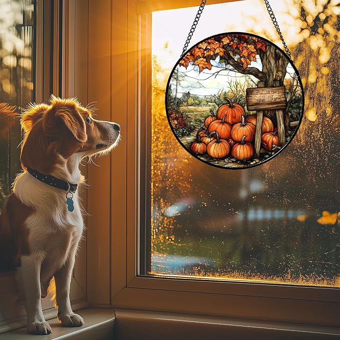 DASTOLL Stained Glass Window Hanging Fall Farm Scenery Maple Trees Pumpkin 7.8" - Suncatcher Door Garden Kitchen Sun Catcher Autumn Decor Birthday for Mom Nana Men Woman Friend