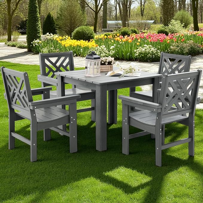 HDPE Outdoor Dining Set,5-Piece Outdoor Table and Chairs Include 4 Armchair Chairs and 35.5" Square Patio Dining Table with Umbrella Hole (Gray)