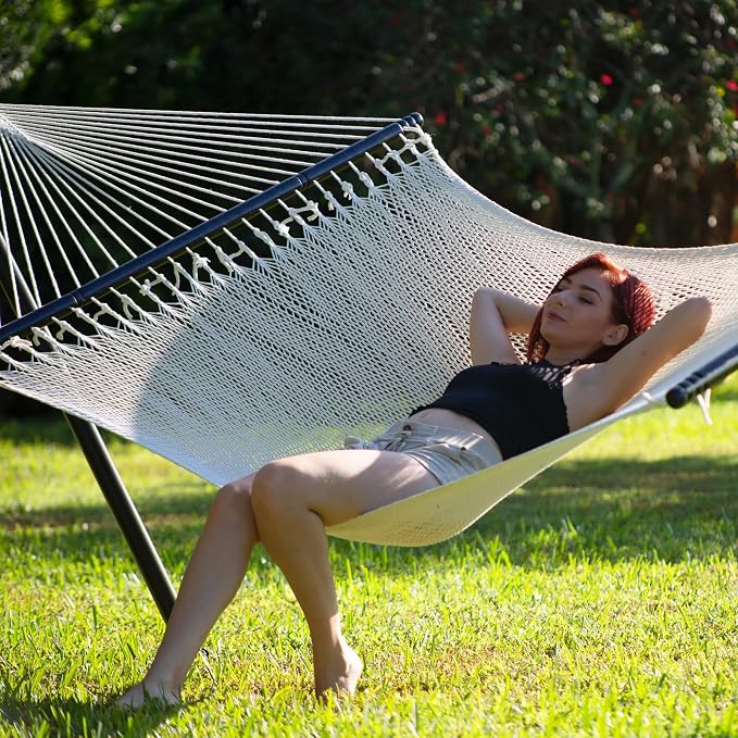 Bliss Hammocks BH-415 2-Person Weekender 12’ Long Deluxe Rope Hammock, 4 mm Thick Handwoven Polyester Rope, Patio Yard Poolside Outdoor Hammock, 55-Inch Spreader Bar Supports up to 450 lbs, Natural