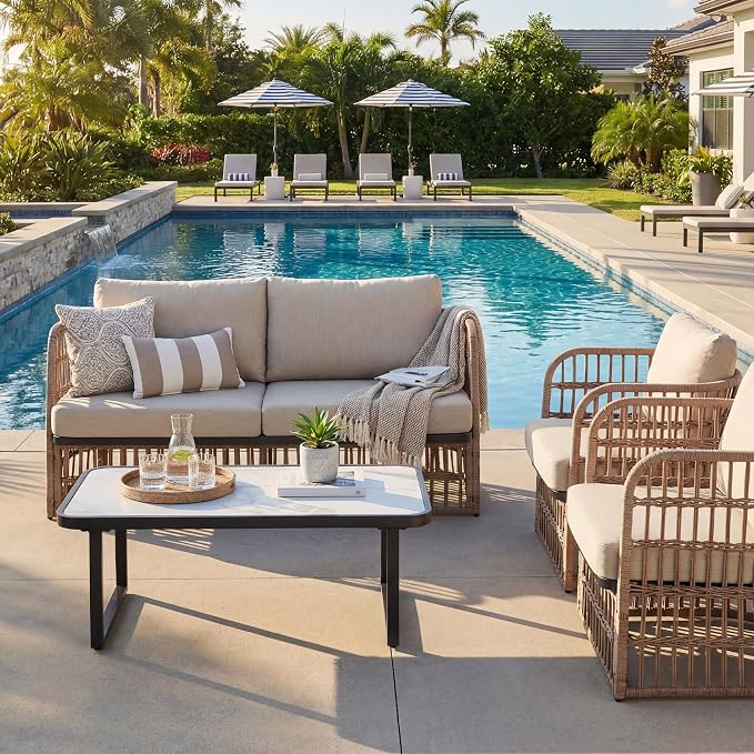 4 Piece Patio Conversation Set, Modular Outdoor Sectional Furniture Set for 4, Rattan Patio Sofa Couch with Cushions, Modern Patio Furniture Set with Coffee Table for Deck/Balcony/Porch, Beige