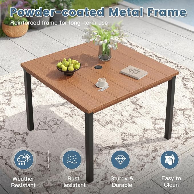 DIFY 5 Piece Outdoor Patio Dining Set for 4, 40.2" Walnut Square Metal Dining Table and Swivel Patio Chairs with Brown Padded Textilene, All-Weather Outdoor Furniture Set for Garden Backyard Porch