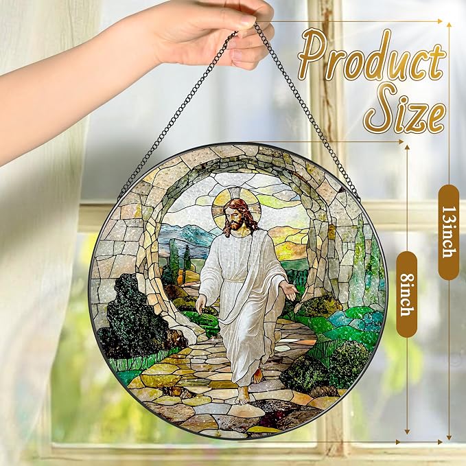 8 Inch He is Risen Resurrection of Jesus Stained Glass Suncatcher, Stained Glass Window Hanging, Sun Catchers Indoor Window Decor and Christmas, Christian Gift, Religious Gifts, Christian Home Decor
