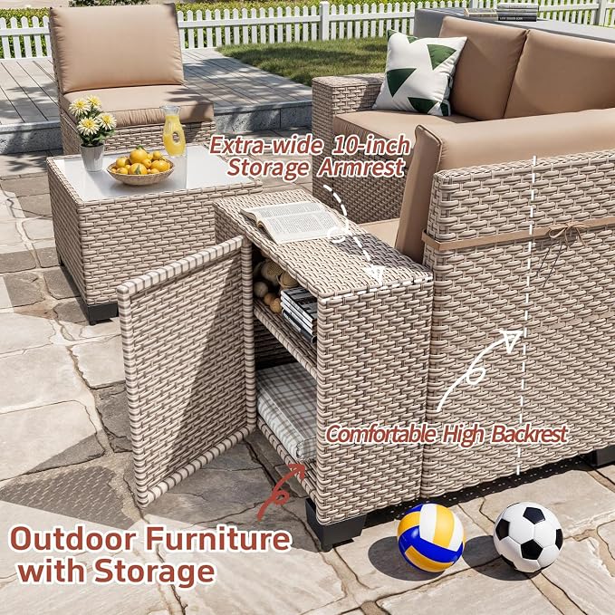 16 Pieces Patio Furniture Set with Fire Pit Table, Outdoor Sectional Wicker Sofa with Thick Cushions, High Back Swivel Rocker Patio Chairs, Rattan Conversation Set with Coffee Table, Khaki