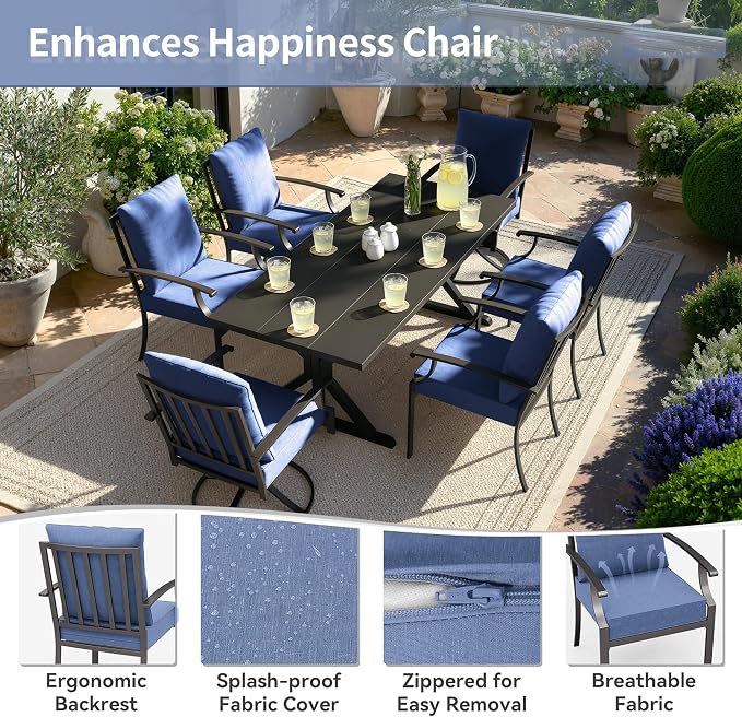 Kullavik 7 Pieces Outdoor Dining Set,Patio Dining Table and Chairs Set for 6,Fence Pattern Back Chairs with Thickened Cushions & X-Frame Metal Dining Table with Umbrella Hole for Patio,Navy Blue