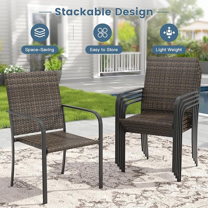 DIFY 9 Piece Outdoor Dining Set, Patio Table and Chairs Set for 8 with Umbrella Hole, 53" Walnut Round Dining Table & Stackable Wicker Patio Chairs, Metal Patio Furniture Set for Garden Backyard