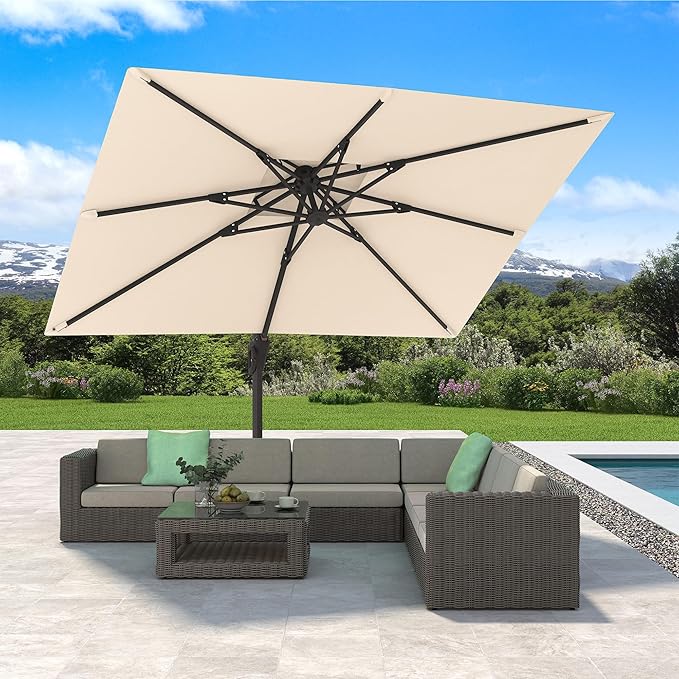 10' X 13' Cantilever Patio Umbrella with Base Included Double Top Rectangular Outdoor Large Offset Umbrellas with 7 Tilts Adjustable 360°Rotation for Deck Pool Garden Backyard, Beige