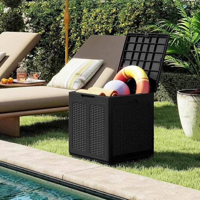 Tangkula 39 Gallon Outdoor Storage Box, Waterproof PP Resin Patio Storage Box with Lockable Lid for Indoor & Outdoor Use, Rattan Design Deck Box for Cushions, Garden Tools
