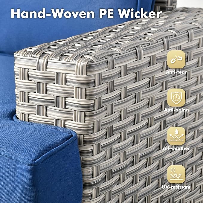 Weaxty 7 Pieces Wide Seats Outdoor Furniture Set, L Shape Sectional Couch Ottoman Fire Pit Solar Table, Thick Cushion All-Weather Rattan Patio Conversation Sets for Backyard Porch Deck, Navy Blue