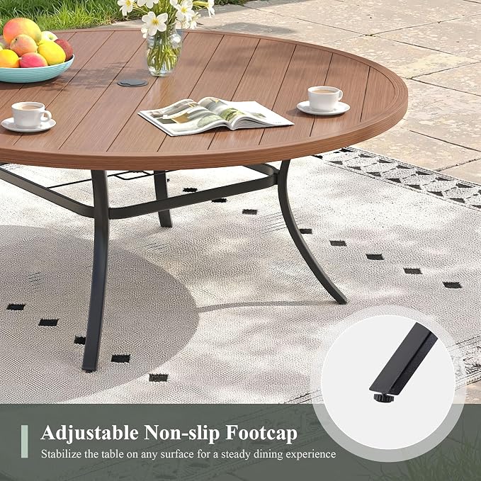 Outdoor Dining Set for 8, 53" Metal Round Outdoor Dining Table with Umbrella Hole and Wicker Stackable Patio Chairs, 9 Pieces Patio Table and Chairs Set for Garden Backyard, Walnut