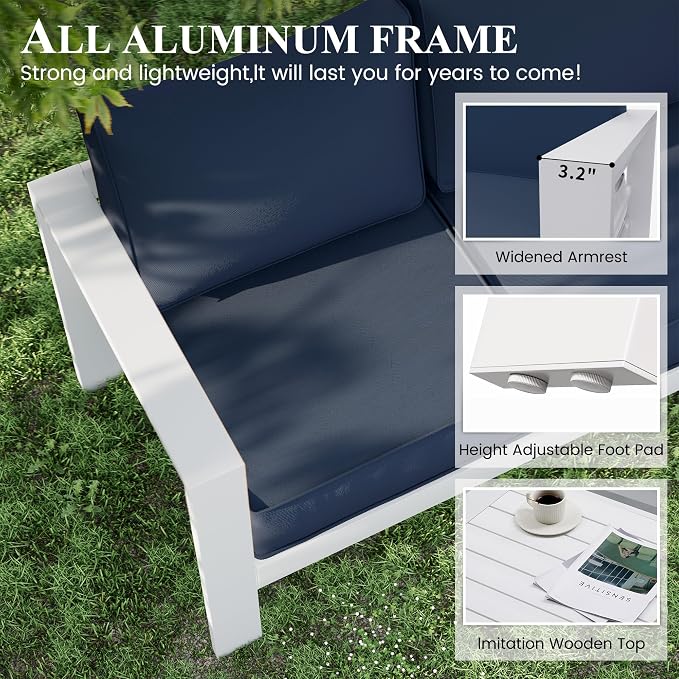 Aluminum Patio Furniture Set,Outdoor Metal Sectional Sofa with Table and Waterproof Covers,Blue Modern Patio Furniture Set for Garden Backyard (8-Piece)