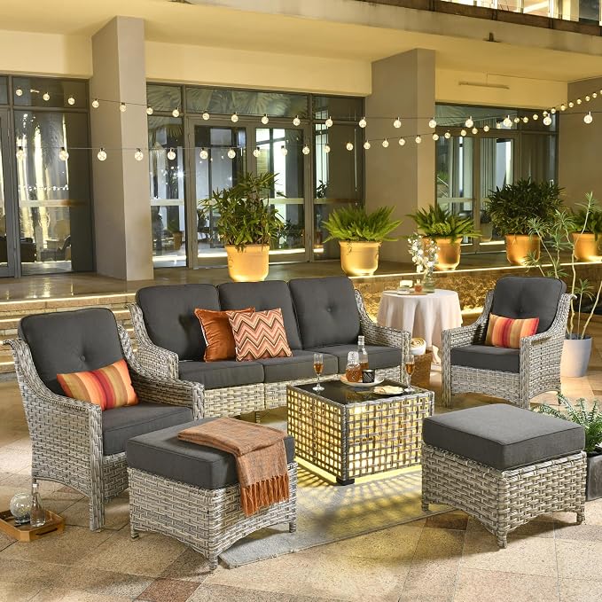 ovios 6 Piece Outdoor Patio Furniture with 3 Seat Sofa,Rattan Wicker Coversation Set with High Back,Sectional Single Sofa with Ottoman for Outside Porch Balcony Backyard Pool, Black