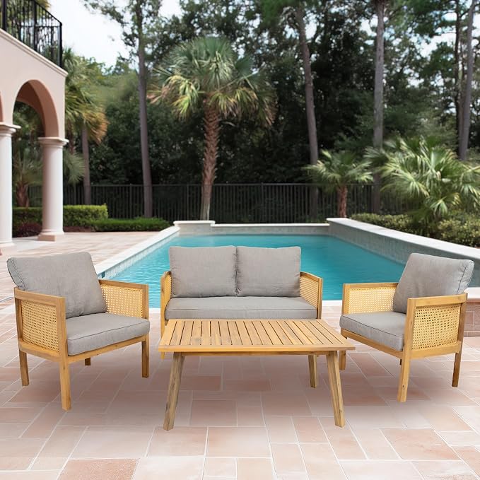 Sunnydaze Acacia 4-Piece Patio Furniture Set - Sanibel Patio Conversation Set - Outdoor Seating Lounge Furniture - Gray