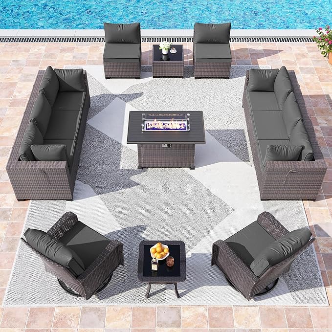 13 Pieces Outdoor Patio Furniture Set,Outdoor Sectional Furniture with 43" 55000 BTU Gas Propane Fire Pit Table,PE Rattan Wicker Patio Conversation Set,Swivel Rocking Chairs Set,Grey
