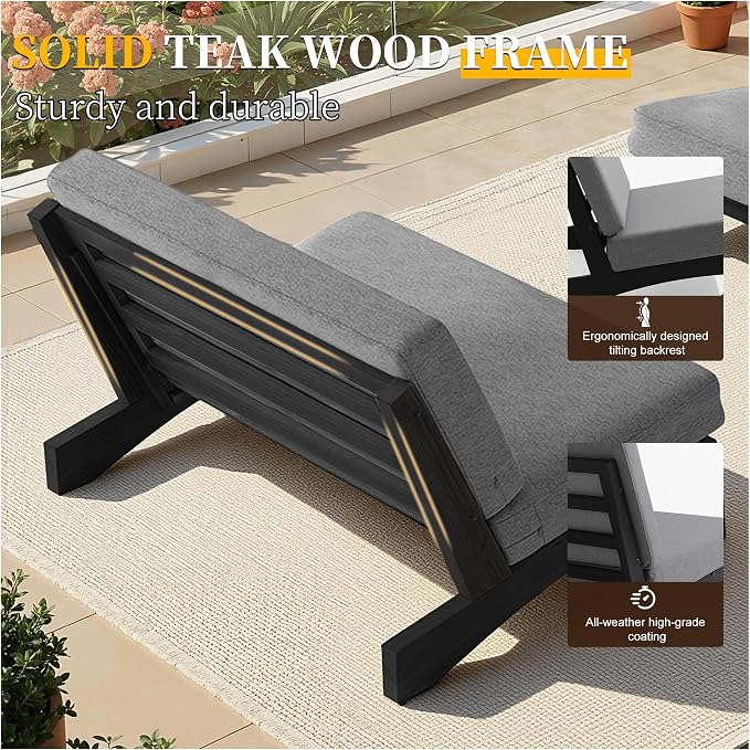 4 Piece Teak Outdoor Patio Frutnire Set, 5 Seater Patio Conversation Sets with Thick Cushions, Outdoor Sectional Furniture with Coffee Table - Gray