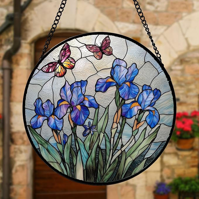 DASTOLL Stained Glass Window Hanging, Blue Iris Flowers Butterfly Suncatcher Diamond Colorful Glass Panel Sun Catchers Decor for Birthday for Women, Men, Wife, Aunt, and Mom 9.8 in