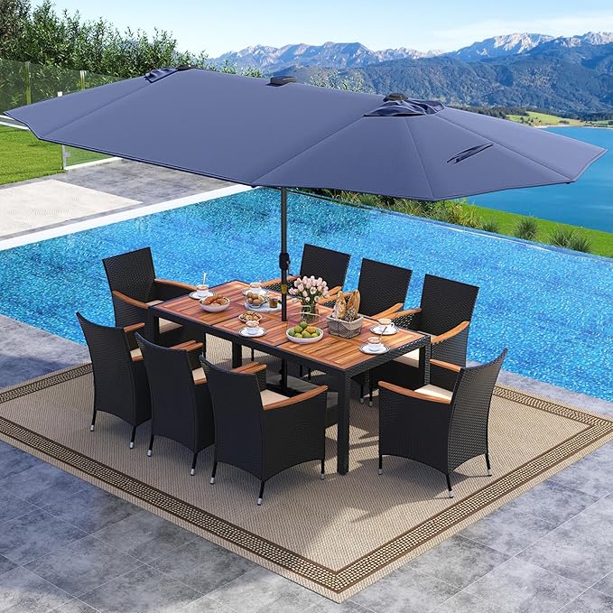 Tangkula 11 Pieces Patio Dining Set with Double-Sided Led Patio Umbrella (Base Included), with 8 Stackable Chairs, Acacia Wood Dining Table and Large Umbrella with Solar Lights (Navy + Off White)