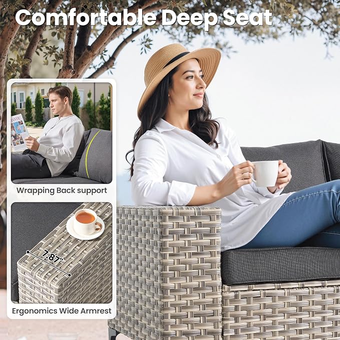 ovios 8-Piece Patio Furniture Set with L-Shape Sofa Chaise, Outdoor Sectional Couch Swivel Gliders Solar Table, Modern Modular Wicker Rattan Conversation Set, Black
