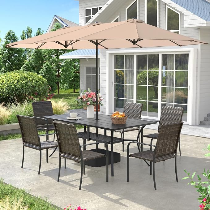 VICLLAX 8 Pieces Patio Dining Set with Wheat Umbrella, 6 Stakable Wicker Outdoor Chairs and Patio Rectangular Table with Umbrella Hole for Backyard Lawn Deck, Black Tabletop