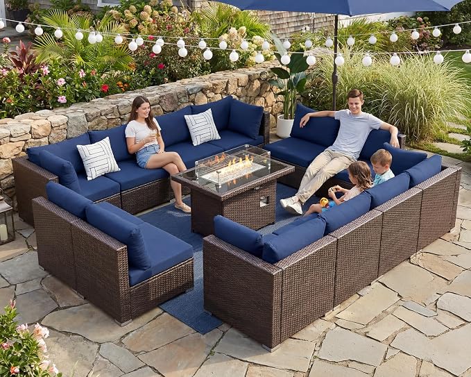 NICESOUL 13 Piece Patio Furniture w/Fireplace, Elegant Outdoor Seating w/Firepit, XL 29.3'' High Back Sectional Sofa, All-Weather Rattan Deck Couch, Modular Sturdy Conversation Set, Brown & Blue