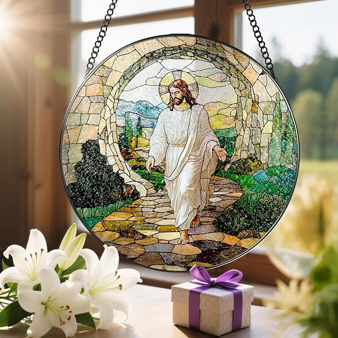 8 Inch He is Risen Resurrection of Jesus Stained Glass Suncatcher, Stained Glass Window Hanging, Sun Catchers Indoor Window Decor and Christmas, Christian Gift, Religious Gifts, Christian Home Decor