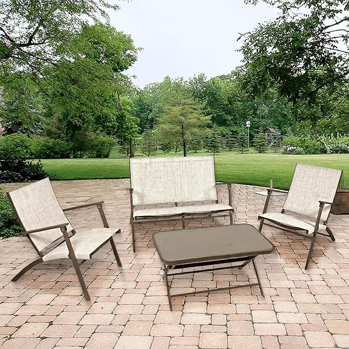 Four Seasons Courtyard Novara 4 Piece Steel Folding Outdoor Patio Furniture Conversation Set with 2 Patio Chairs, 1 Loveseat, and Table, Tan/Espresso