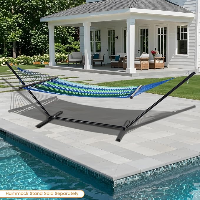 Lazy Daze Hammocks 10.5 FT Double 2 Person Caribbean Rope Hammock, Hand Woven Polyester Hammock with Spreader Bars, for Outside Outdoor Backyard Patio Poolside, 450 LBS Capacity, Blue/Green