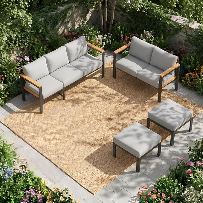 HOMREST 4 Piece Outdoor Patio Furniture Set, 7 Seat Oversized Outdoor Sectional Sofa with Washable Thick Cushions, Patio Conversation Set with Special Wide Armrest and Deep Seat, Gray