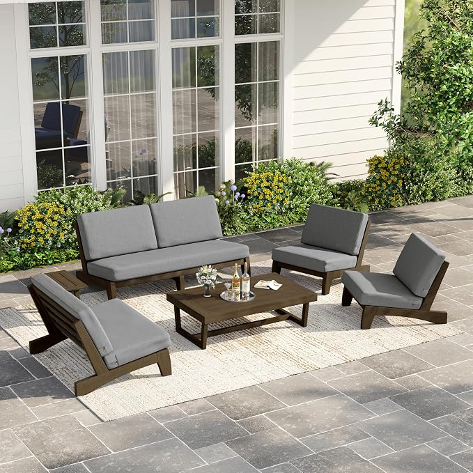 6 Piece Wood Outdoor Patio Frutnire Set, 7 Seater Patio Conversation Sets with Thick Cushions, Outdoor Sectional Furniture with Coffee Table - Gray