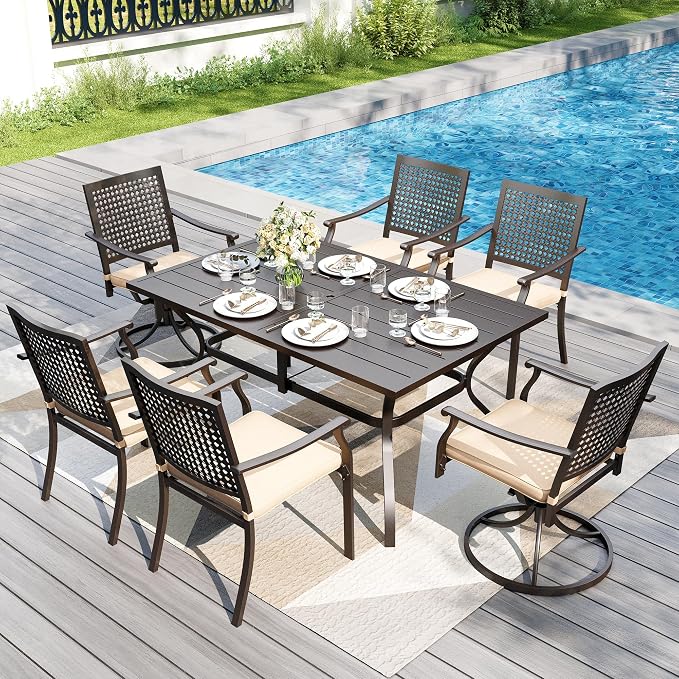 PHI VILLA 7 Pieces Outdoor Dining Set for 6, 60" Rectangle Metal Steel Table with Umbrella Hole & Swivel Fixed Chairs with Cushions, Modern Wrought Iron Furniture for Patio, Deck, Yard, Porch