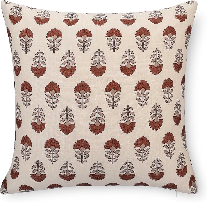 Crumbs Home Modern Farmhouse California Casual Indoor Outdoor Throw Pillow Cover, 20"x20" Water Repellent for Patio, Backyard, Couch, Poolside, Earth Tone Rust Orange Neutral Block Print Flowers