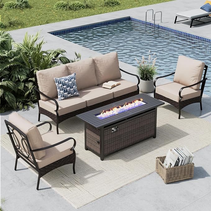 MFSTUDIO 4 Pieces Outdoor Patio Furniture Set, Metal Outdoor Conversation Set, Rattan Wicker Patio Sectional Set with 2 x Fixed Single Sofa, 3-Seat Sofa, 1 x Fire Pit Table, Beige