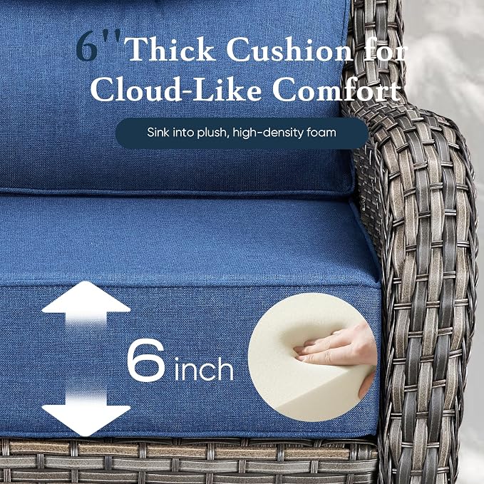 Belord Luxury 6" Thick Cushioned Outdoor Swivel Rocker Patio Chairs of 2, High Back Wicker Patio Furniture Set with Ergonomic Zone Back, Conversation Glider Set for Deck Porch - Grey+Blue