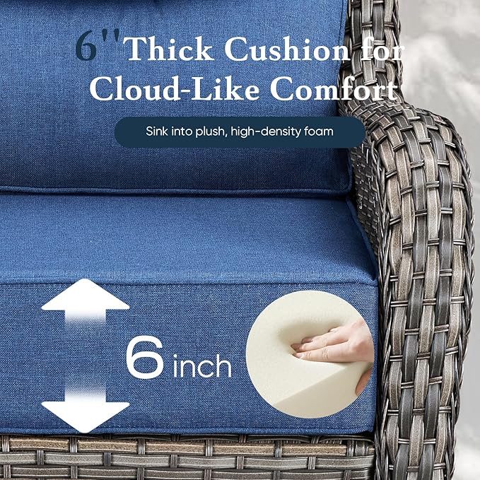 Belord Luxury 6" Thick Cushioned 7 Pieces Patio Furniture Set with Outdoor Couch, Wicker Outdoor Conversation Set with High Back Swivel Rocker Chairs for Deck Porch Yard and Poolside - Grey+Blue