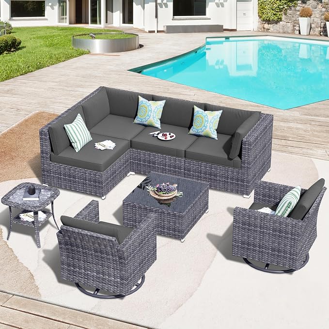 HOOOWOOO 8 Piece Patio Sectional Furniture Set with Swivel Rocking Chairs,Modern Wicker Outdoor Conversation Sofa Sets,Weather Resistant Modular L Shaped Outside Couch Set(Black)