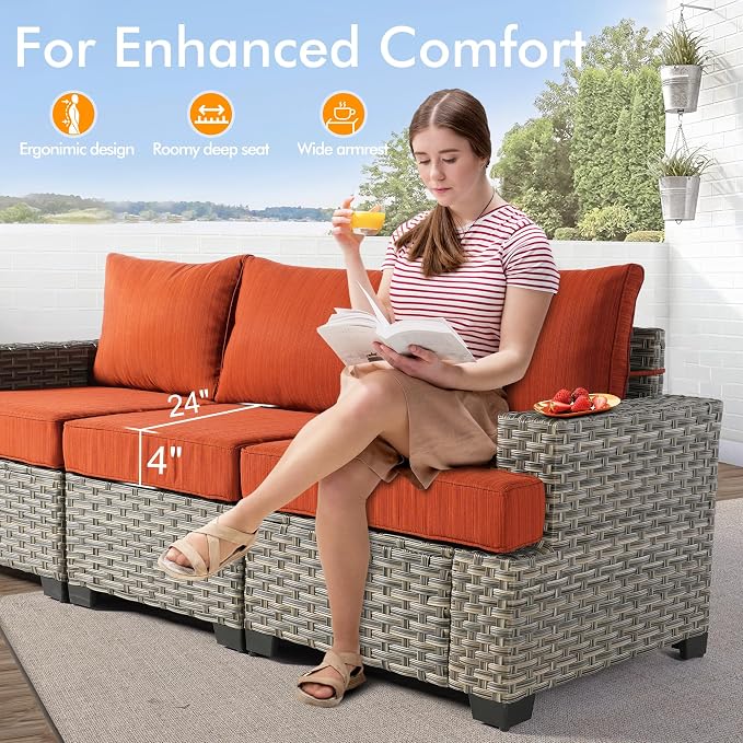 Patio Outdoor Furniture Set - All Weather Wicker Modular Sectional Sofa Couch,Patio Seating Outdoor Conversation Sets for Deck Yard Garden (Orange Red, 8 Pcs w/Swivel Glider)