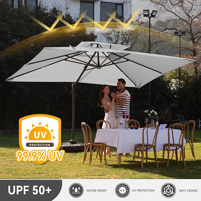 9 X 12 FT Cantilever Outdoor Patio Umbrella with Base Included Large Heavy Duty 360° Rotation Double Top Offset Rectangular Umbrellas with LED Lights for Backyard Outside Deck, Fog Grey