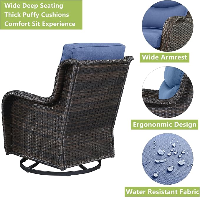 Rilyson Wicker Patio Furniture Set - 5 Piece Rattan Outdoor Sectional Conversation Sets with 2 Swivel Rocking Chairs,2 Ottomans and 1 Side Table for Porch Deck Garden(Brown/Blue/Smile)