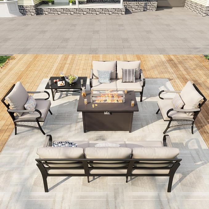 6 Pieces Outdoor Patio Conversation Sets, Outdoor Furniture Set Metal 3-Seater 2 Single Chairs 1 Loveseat with Coffee Table and Fire Pit Table for Backyard Deck Porch Poolside, Beige