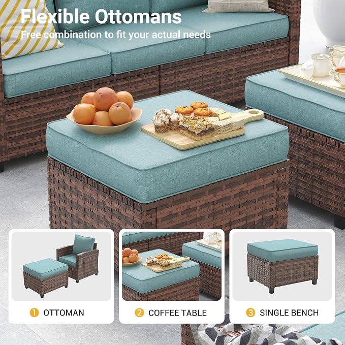 6 Pcs Patio Furniture Set with 44" Propane Gas Fire Pit Table, Rattan Outdoor Couch with Ottomans, 4" Thick Cushions for Backyard Garden Deck,Light Blue