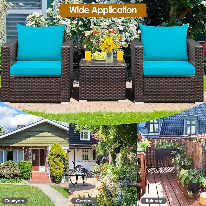 RELAX4LIFE 3-Piece Wicker Bistro Set - Outdoor Patio Rattan Sofa Set w/Washable Cushions & Tempered Glass Coffee Table, Conversation Furniture Set for Backyard, Porch, Garden & Poolside (Turquoise)