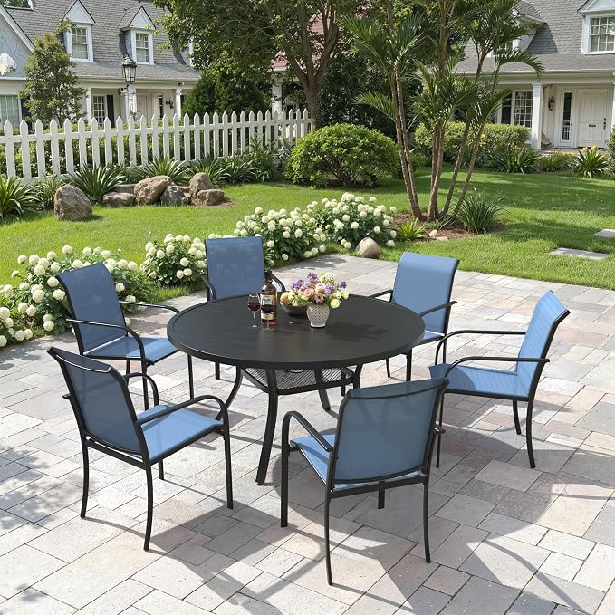 7 Pieces Patio Dining Set, 47" Round Dining Table with Umbrella Hole, 6 Stackable Textilene Fabric Chairs, Metal Structure for Patio, Porch, Garden(Black Table, Blue Chair)