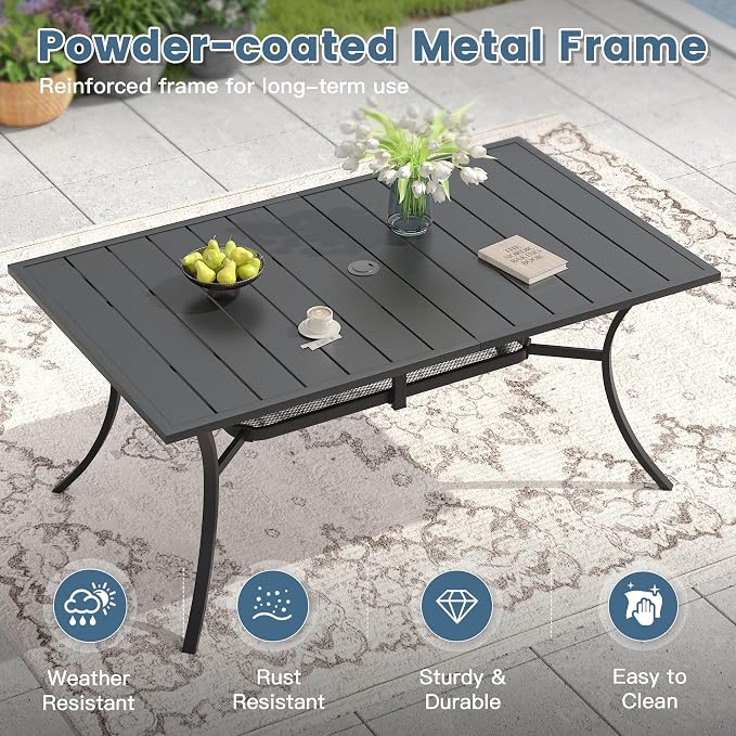 DIFY 7 Pieces Outdoor Dining Set, Metal Patio Table and Chairs Set for 6 with Umbrella Hole, 59.2" Black Rectangle Table and Brown Textilene Swivel Patio Chairs for Garden, Backyard, Poolside