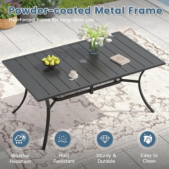 DIFY 7 Pieces Outdoor Dining Set, Metal Patio Table and Chairs Set for 6 with Umbrella Hole, 59.2" Black Rectangle Table and Blue Textilene Swivel Patio Chairs for Garden, Backyard, Poolside