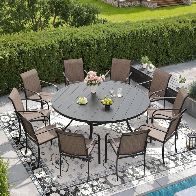 DIFY 11 Pieces Outdoor Patio Dining Set for 10, 60" Black Round Metal Dining Table and 10 Brown Stackable Sling Dining Chairs, Outdoor Table and Chairs for Lawn Garden Backyard Deck