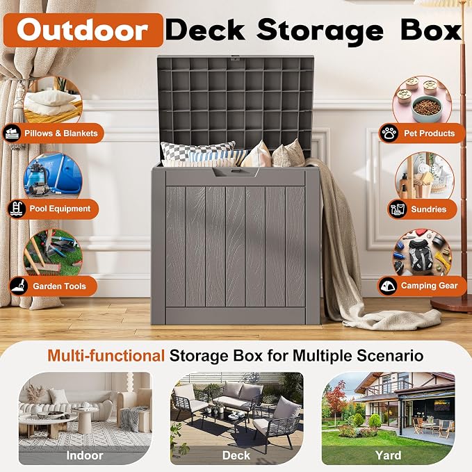 Outdoor Storage Box, Resin Deck Boxes Indoor and outdoor, Waterproof Storage Box Lockable Lid (Grey,35 Gallon)