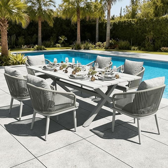 LayinSun 7 Pieces Outdoor Patio Dining Set, Aluminium Rectangular Dining Table and Wicker Rattan Chairs Set for Outside Backyard, Poolside