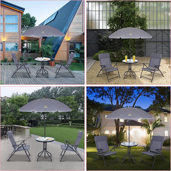 Nice C Patio Set with Umbrella, Outdoor Dinning Set, Patio Furniture Set, Patio Table Chair with Umbrella, Table and Chairs, 4-Piece Garden Furniture Set, Glass Table, 2 Folding Chairs&Umbrella (Grey)
