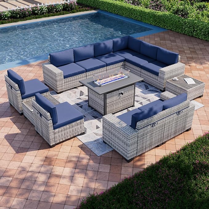 13-Piece Outdoor Patio Furniture Set with 55,000 BTU Fire Pit Table, PE Wicker Rattan Sectional Sofa Patio Conversation Set with Coffee Table, Navy Blue