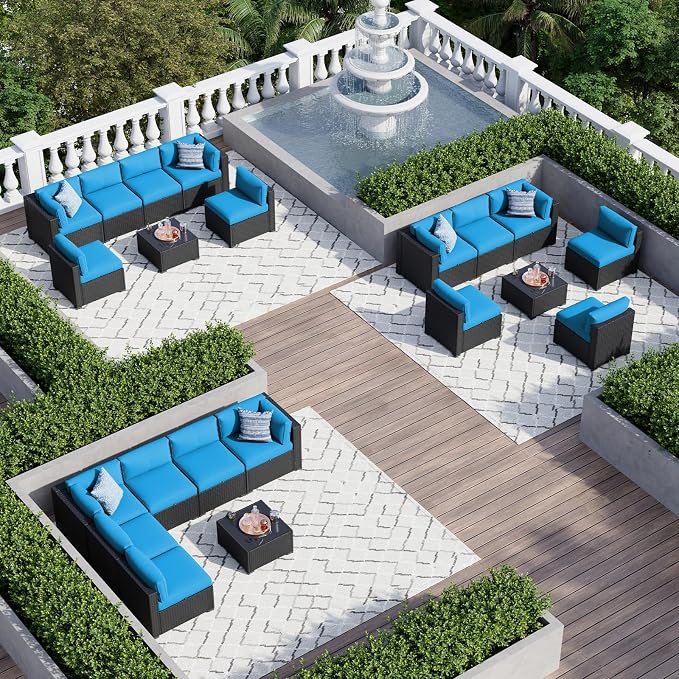 Aoxun 7 Piece Patio Furniture Set, Wicker Rattan Patio Sectional Sofa, Outdoor Furniture Set with Thickened Cushion, Peacock Blue